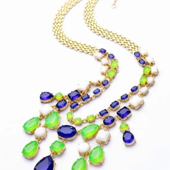 Royal Blue Crystal Rhinestone Statement Gold Collar Necklace - Picture 8 of 12